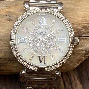 Kim Rogers Watch Silver Tone Mother Of Pearl Round Face With Rhinestone Bezel